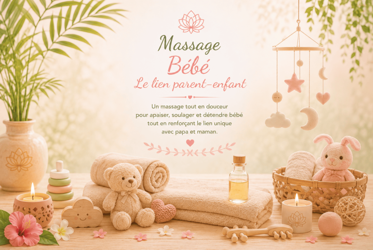 Ambiance douce avec serviettes et accessoires pour bébé, illustrant le massage spécial bébé et le lien parent-enfant chez Lydie Bien-Être.