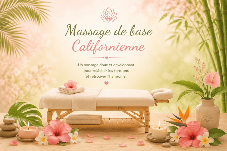Massage de base californienne – Lydie Bien-Être Table de massage dans une ambiance douce illustrant le massage de base californienne, relaxant et enveloppant chez Lydie Bien-Être.