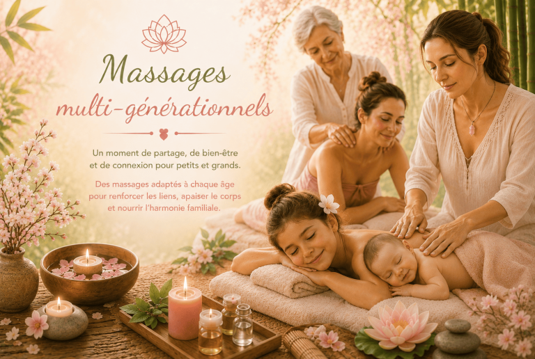 Massages multigénérationnels adaptés aux différents âges, du bébé à la personne âgée, dans une ambiance douce et apaisante.
