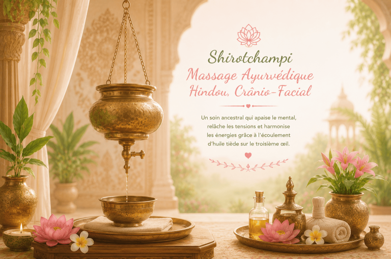 Ambiance ayurvédique avec huile tiède et accessoires traditionnels pour le massage Shirotchampi crânio-facial.