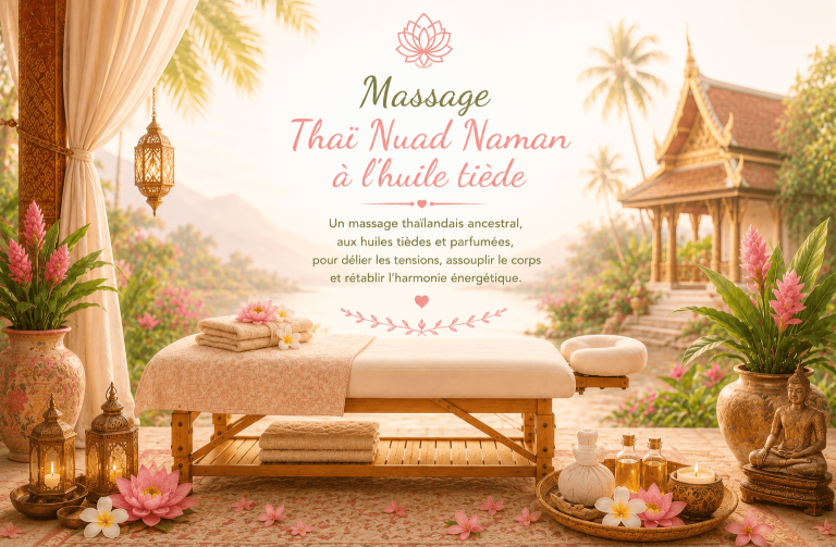 Massage Thaï Nuad Naman à l’huile tiède – Lydie Bien-Être Ambiance thaïlandaise autour d’une table de massage pour le Thaï Nuad Naman à l’huile tiède.