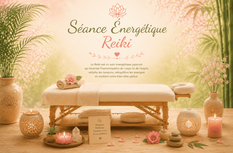 Séance énergétique Reiki – Lydie Bien-Être Table de soin dans une ambiance zen et lumineuse, illustrant une séance énergétique Reiki pour favoriser détente, harmonie et bien-être.