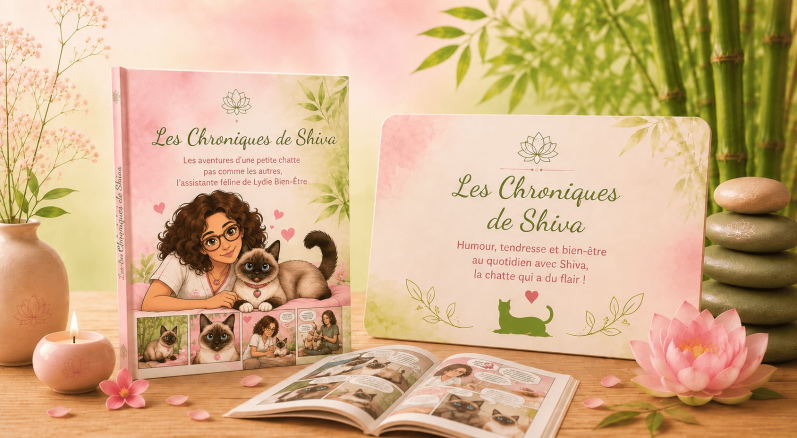 Les Chroniques de Shiva, BD de Lydie Bien-Être mêlant humour, bien-être et aventures de son assistante féline Shiva.