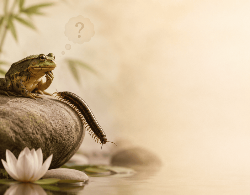 Une grenouille observe un mille-pattes et se demande comment il fait pour marcher avec toutes ses pattes, dans une ambiance douce et zen.