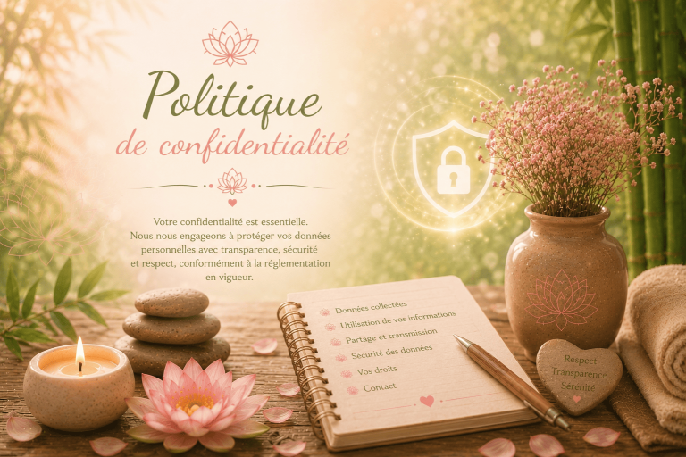 Politique de confidentialité – Lydie Bien-Être Illustration de la politique de confidentialité et de la protection des données personnelles sur le site Lydie Bien-Être.