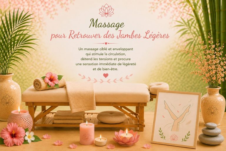 Massage pour retrouver des jambes légères – Lydie Bien-Être Ambiance bien-être avec table de massage pour massage Jambes légères, destiné à détendre les jambes et favoriser une sensation de légèreté