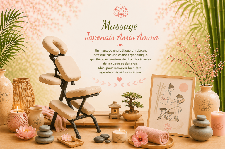 Chaise ergonomique dans une ambiance zen, illustrant le massage japonais assis Amma pour détendre le dos, les épaules et la nuque.