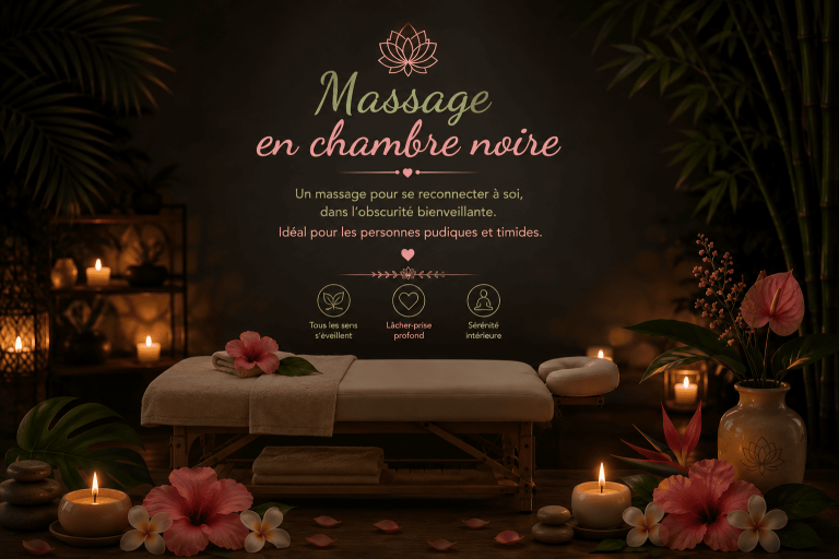 Massage en chambre noire – Lydie Bien-Être Ambiance tamisée aux bougies près d’une table de massage pour le massage en chambre noire, favorisant lâcher-prise, sérénité, éveil des sens